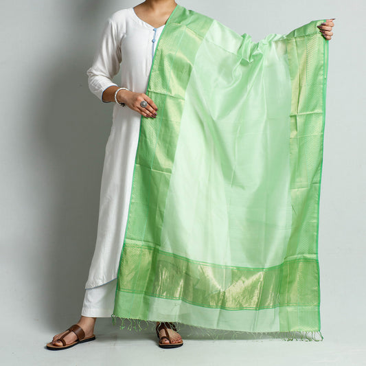 Green - Traditional Maheshwari Silk Cotton Handloom Zari Border Dupatta