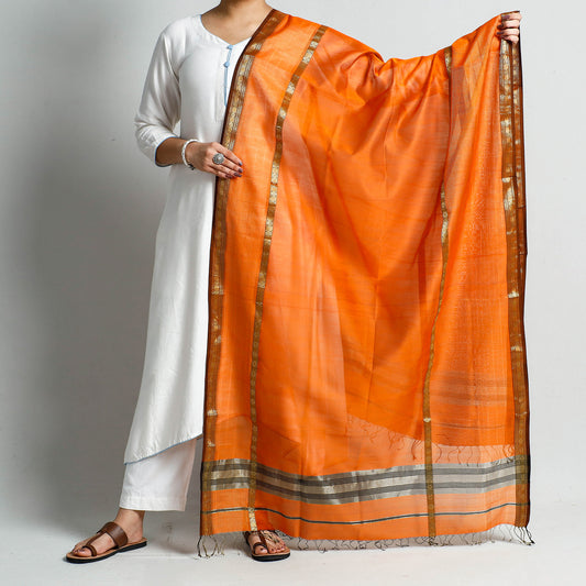 Orange - Traditional Maheshwari Silk Cotton Handloom Stripe Dupatta with Zari Border