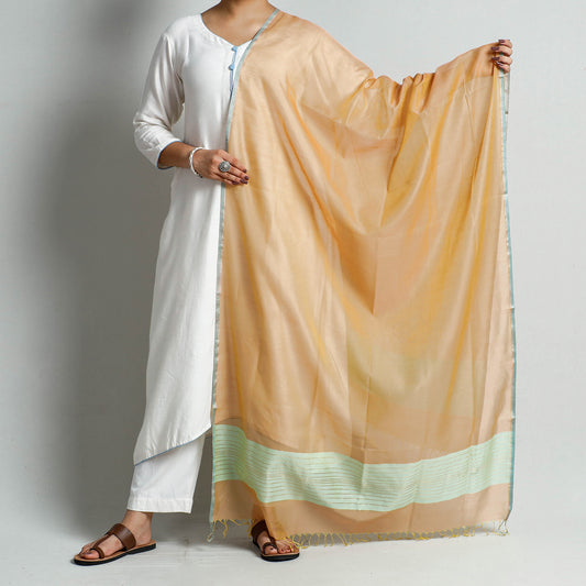 Brown - Traditional Maheshwari Silk Cotton Handloom Stripe Dupatta with Zari Border