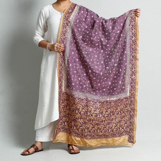 Purple - Bengal Kantha Embroidery Tussar Silk Handloom Dupatta