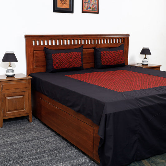 Black - Plain Cotton Double Bed Cover Set with Bagh Patchwork