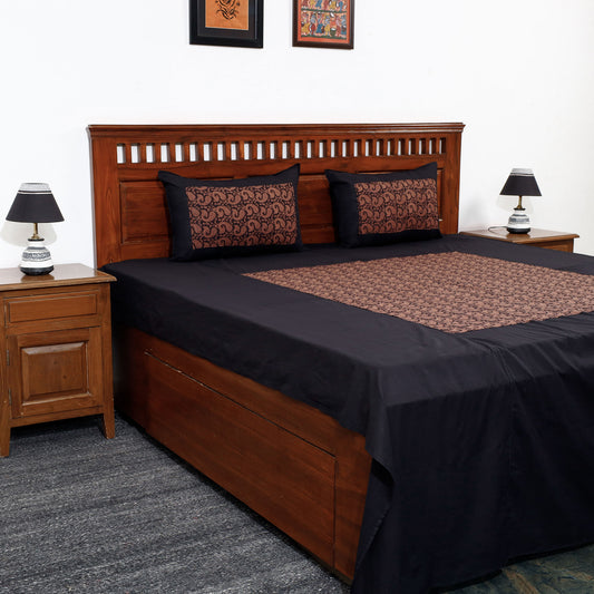 Black - Plain Cotton Double Bed Cover Set with Bagh Patchwork