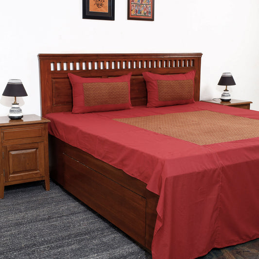Red - Plain Cotton Double Bed Cover Set with Bagh Patchwork