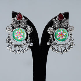  Antique Silver Finish Oxidised Brass Base Enamel & Stone Work Earrings 