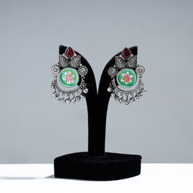  Antique Silver Finish Oxidised Brass Base Enamel & Stone Work Earrings 