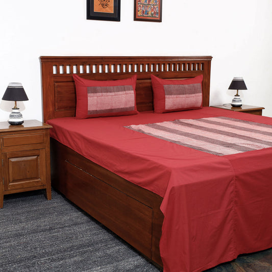 Red - Plain Cotton Double Bed Cover Set with Bagh Patchwork