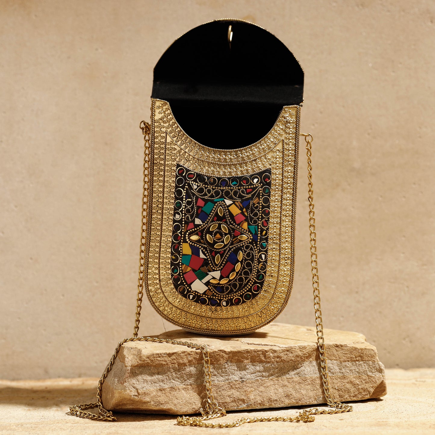 Beige - Handmade Vintage Metal & Mosaic Stone Clutch / Sling Bag