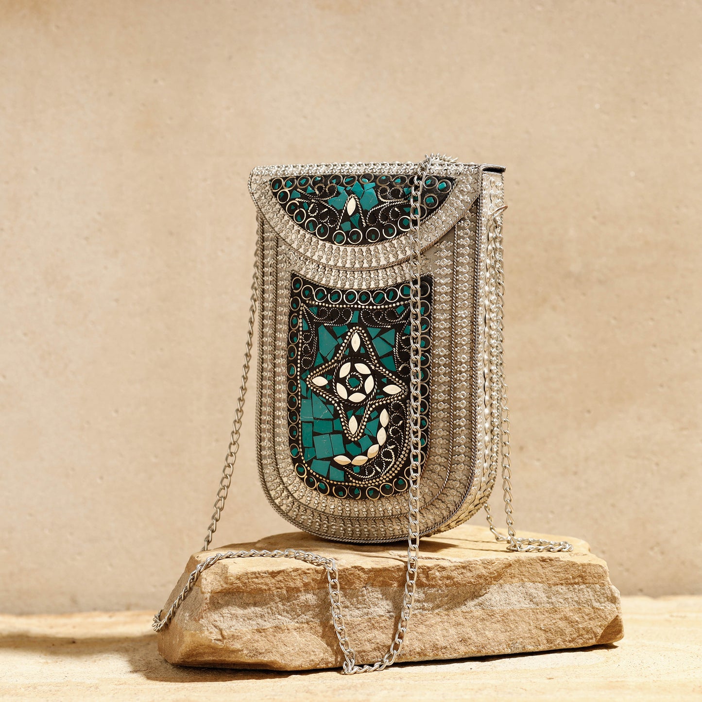 Grey - Handmade Vintage Metal & Mosaic Stone Clutch / Sling Bag
