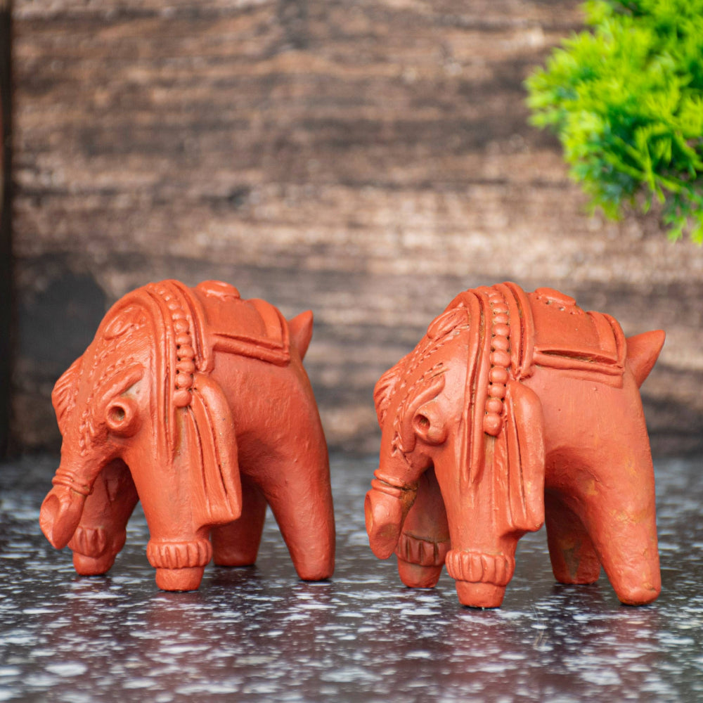 Terracotta Bankura Elephant (Set of 2) T005 || (H x W x L)= 3 inch x 3 inch x 3 inch