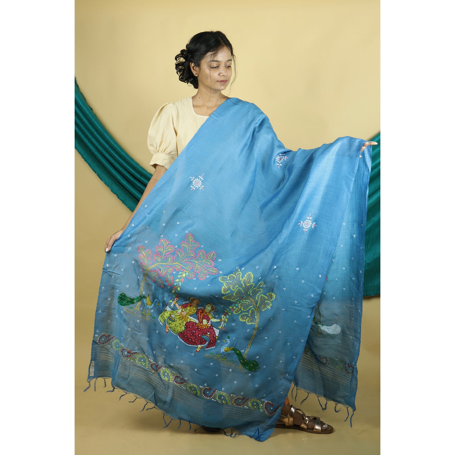 Blue - Pattachitra "Sangini" Handpainted Munga Silk Dupatta