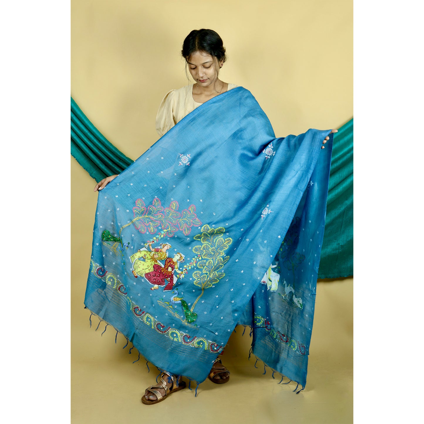 Blue - Pattachitra "Sangini" Handpainted Munga Silk Dupatta