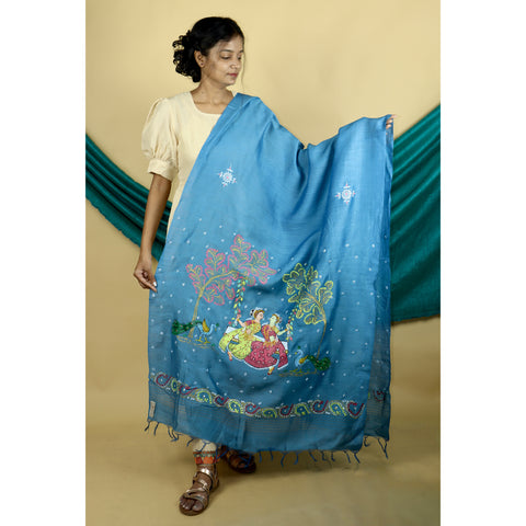 Blue - Pattachitra "Sangini" Handpainted Munga Silk Dupatta