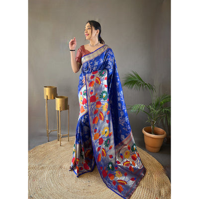 Blue - Geeta Violet Paithani Silk Handwork Saree