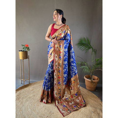 Blue - Godavari Violet Silk Handwork Saree