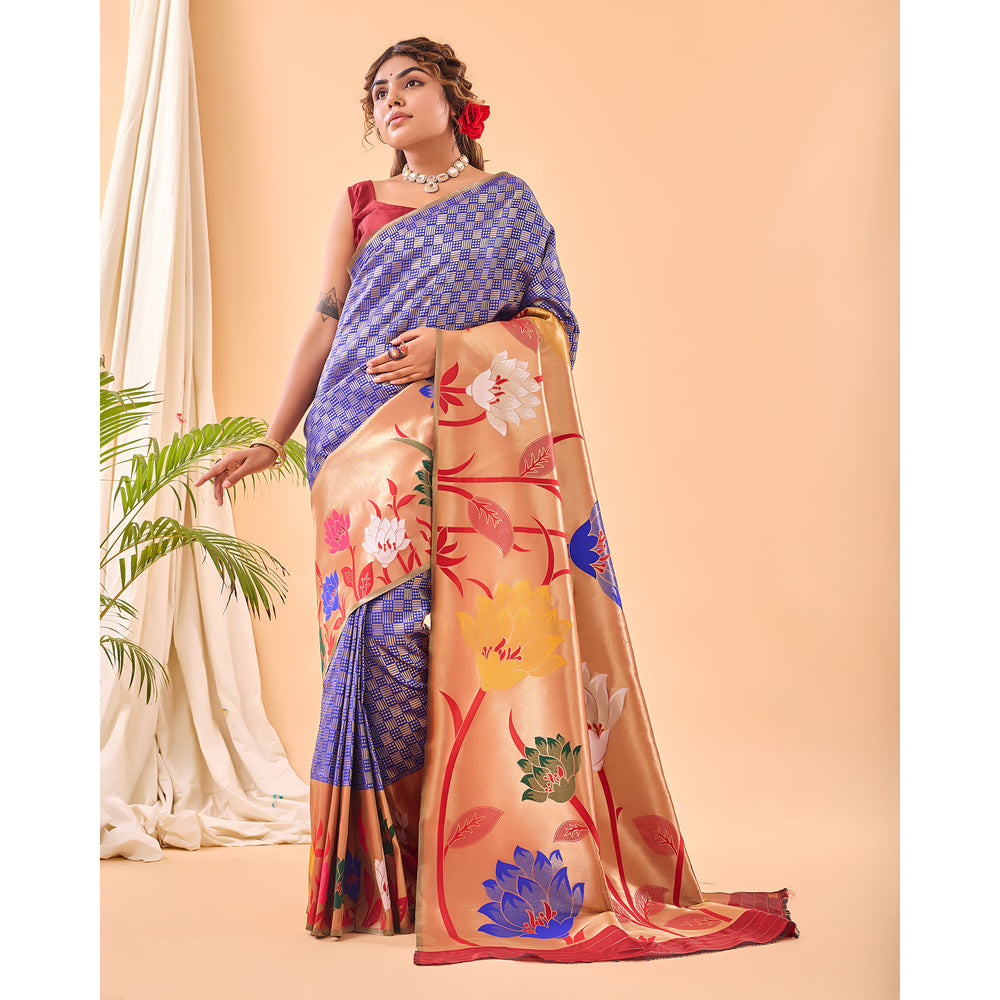 Blue - Fulrani Violet Paithani Silk Handwork Saree