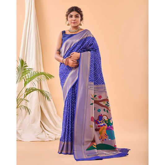 Blue - Bandhej Paithani Violet Paithani Silk Handwork Saree