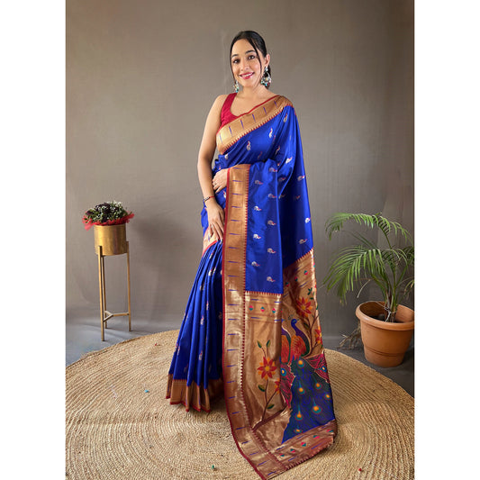 Blue - Rukmani Violet Paithani Silk Handwork Saree