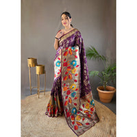 Purple - Geeta Wine Paithani Silk Handwork Saree