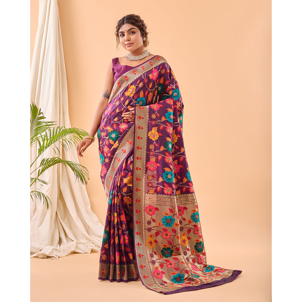 Purple - Radhika Wine Paithani Silk Handwork Saree