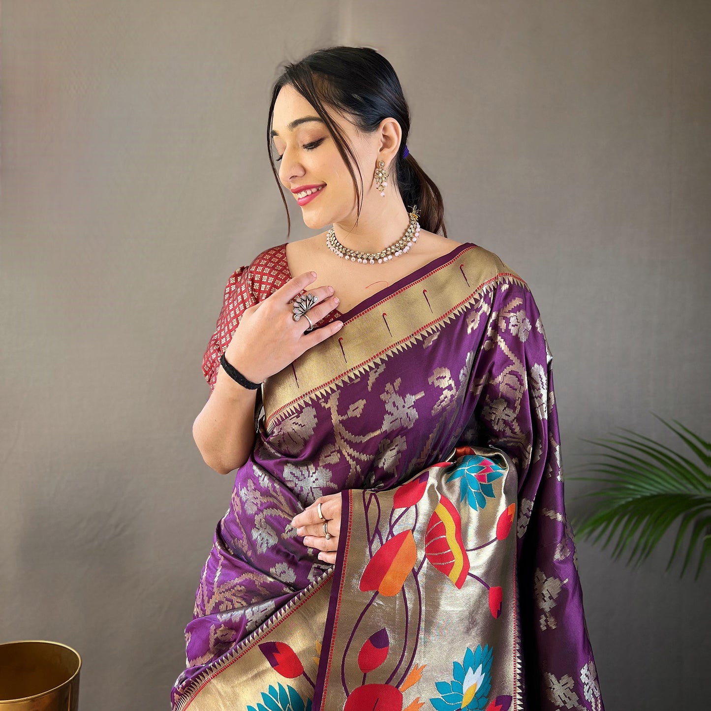 Purple - Geeta Wine Paithani Silk Handwork Saree