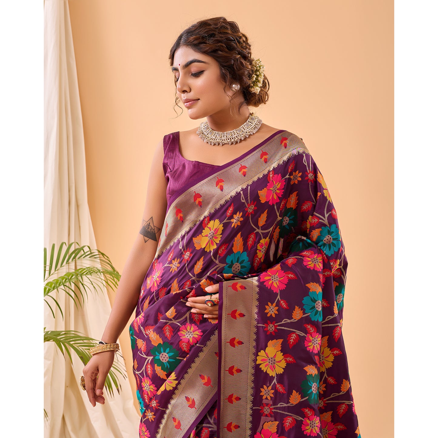 Purple - Radhika Wine Paithani Silk Handwork Saree