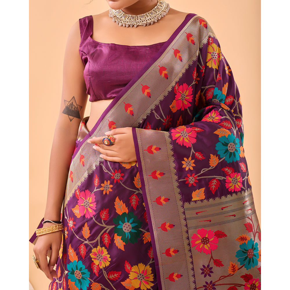 Purple - Radhika Wine Paithani Silk Handwork Saree