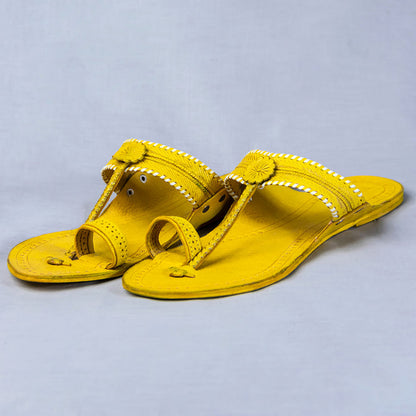 Yellow - Women Floral Delight: Flower Punch Kolhapuri Leather Slippers