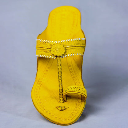 Yellow - Women Floral Delight: Flower Punch Kolhapuri Leather Slippers