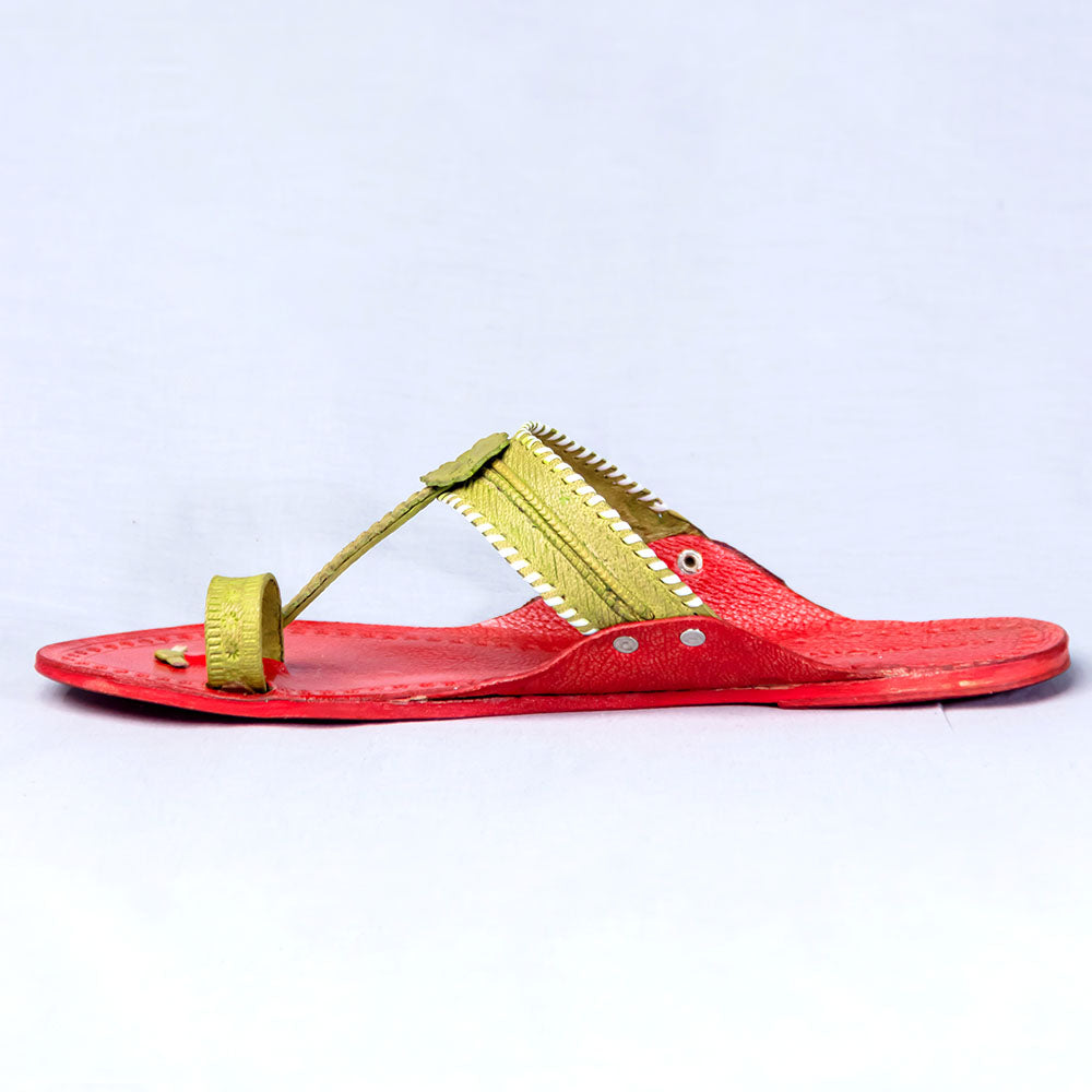 Red - Women Floral Delight: Flower Punch Kolhapuri Leather Slippers