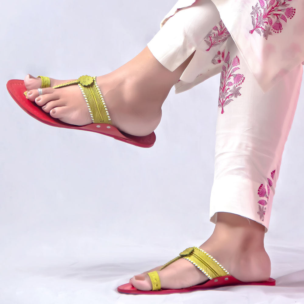 Red - Women Floral Delight: Flower Punch Kolhapuri Leather Slippers