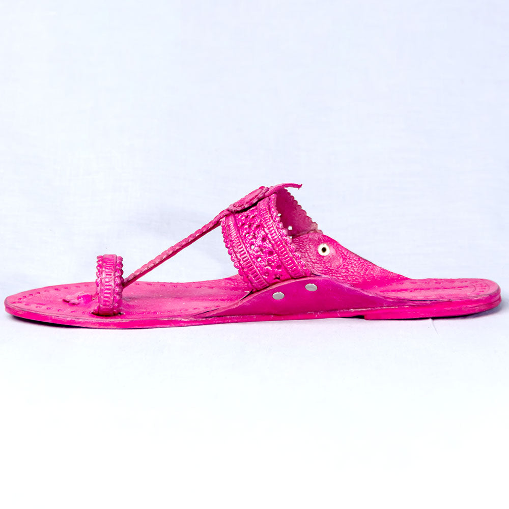 Pink - Women Artistic Kolhapuri Leather Slippers: Punches & Flower