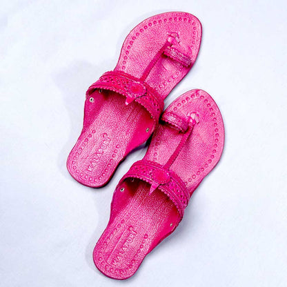 Pink - Women Artistic Kolhapuri Leather Slippers: Punches & Flower