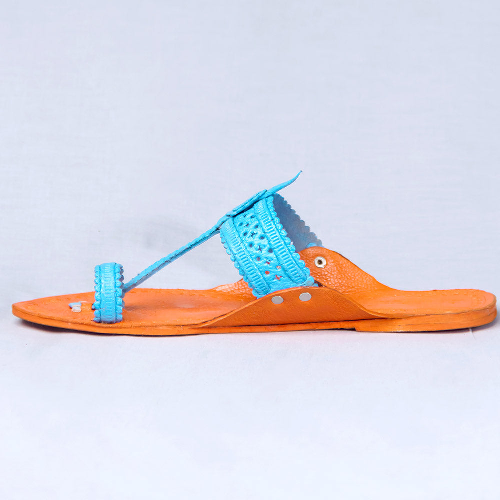 Orange - Women Artistic Kolhapuri Leather Slippers: Punches & Flower