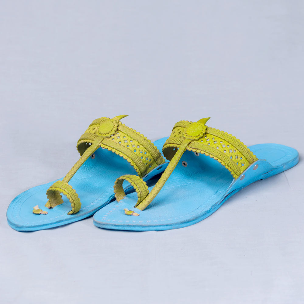 Sky Blue - Women Artistic Kolhapuri Leather Slippers: Punches & Flower