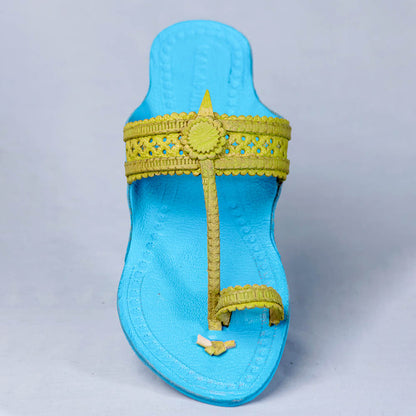 Sky Blue - Women Artistic Kolhapuri Leather Slippers: Punches & Flower