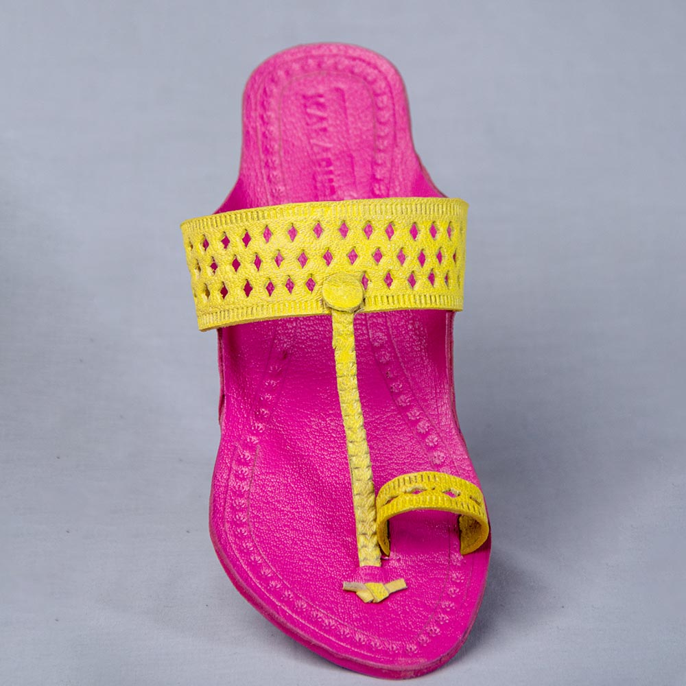 Pink - Women Blue Punch T-Strand Kolhapuri Leather Slippers