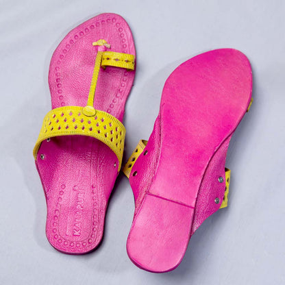 Pink - Women Blue Punch T-Strand Kolhapuri Leather Slippers