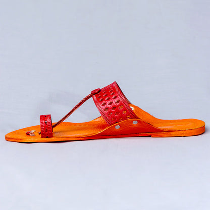 Orange - Women Blue Punch T-Strand Kolhapuri Leather Slippers