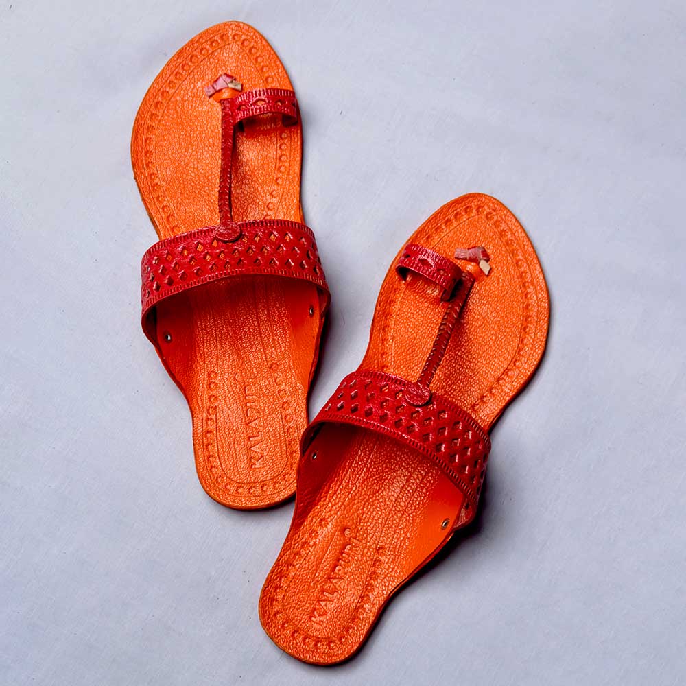Orange - Women Blue Punch T-Strand Kolhapuri Leather Slippers
