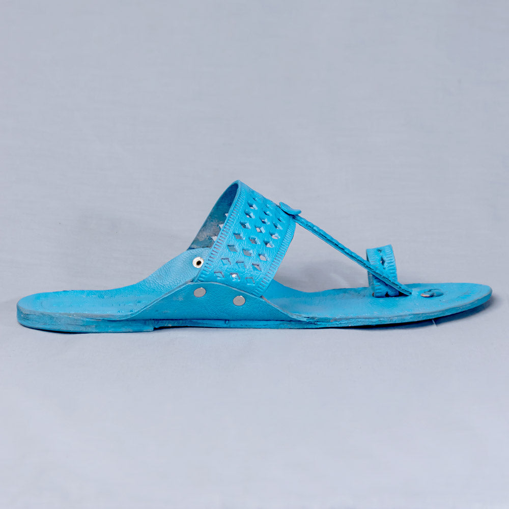 Blue - Women Blue Punch T-Strand Kolhapuri Leather Slippers