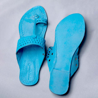 Blue - Women Blue Punch T-Strand Kolhapuri Leather Slippers