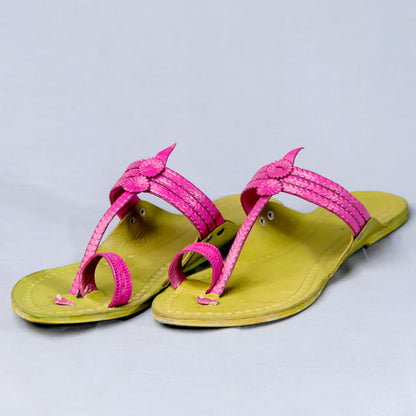 Green - Women Braided Beauty: Kolhapuri Leather Slippers with Floral Die Punch