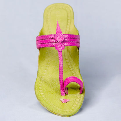Green - Women Braided Beauty: Kolhapuri Leather Slippers with Floral Die Punch