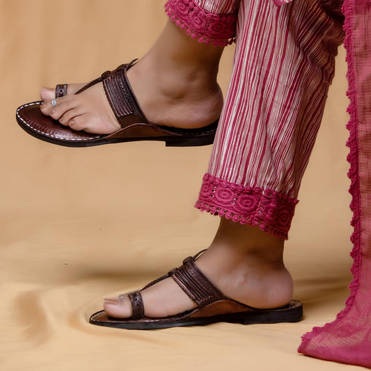 Chestnut - Women Elegance in Diversity: Classic Kolhapuri Leather Slippers