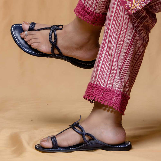 Arthur Navy Blue - Women Chic Palette: Classic Kolhapuri Leather Slippers