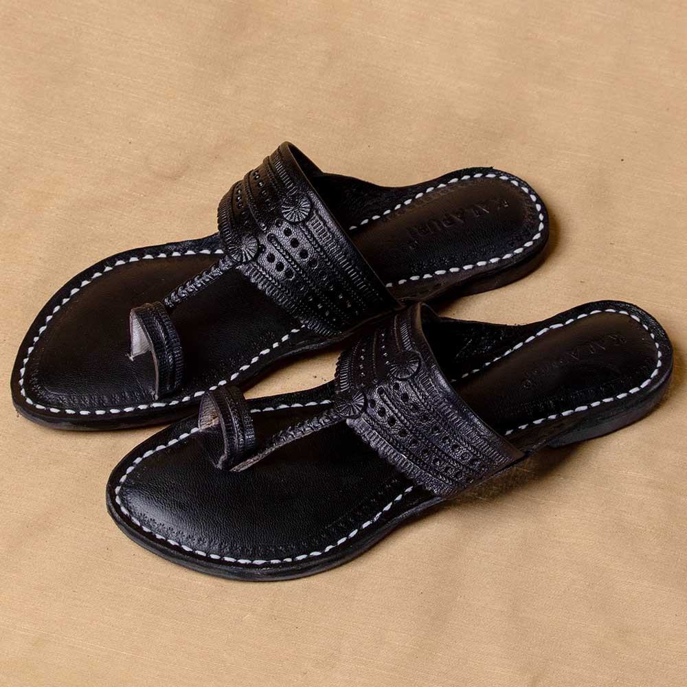 Black - Women Striding in Style: Classic Kolhapuri Leather Slippers