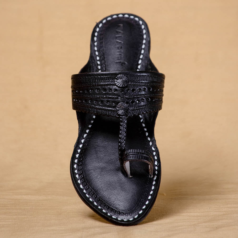 Black - Women Striding in Style: Classic Kolhapuri Leather Slippers