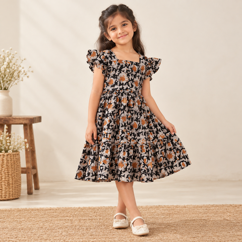 Pure Cotton Girls Tiered Frock Dress in Batik Block Prints (3-4 Years) 16