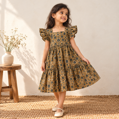 Pure Cotton Girls Tiered Frock Dress in Ajrakh Block Print (3-4 Years) 36