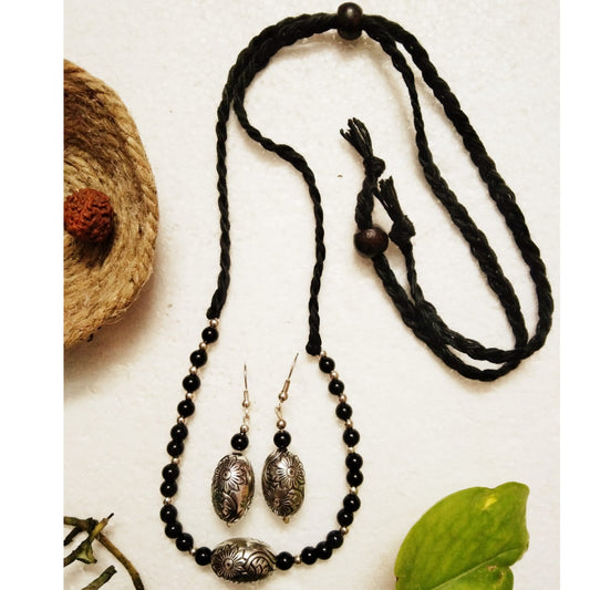 Handmade Black & Silver Beadwork Choker with Earrings